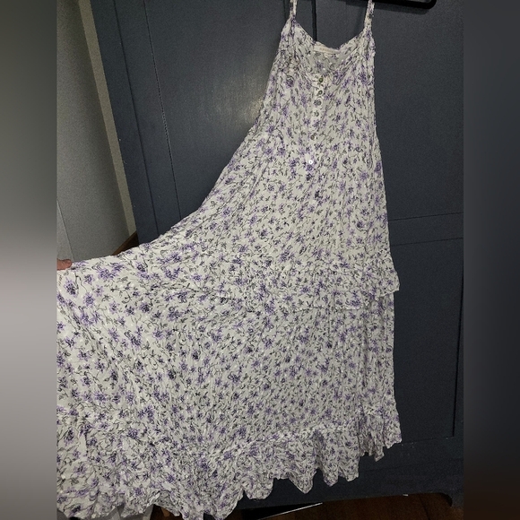 Olivaceous - Floral Tiered Lilac Print Swiss Dots Rayon Maxi Dress- Size M - Picture 1 of 8